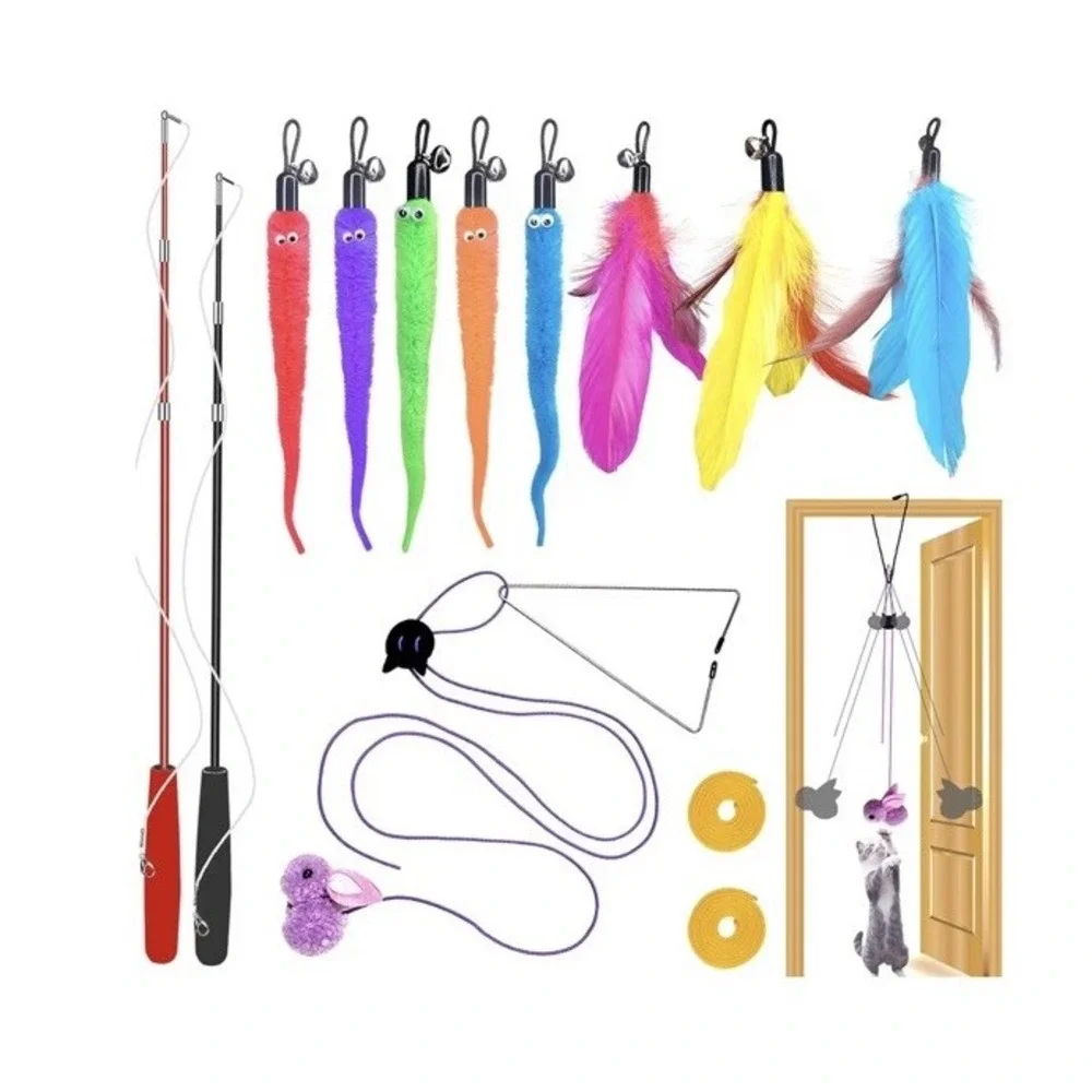 Interactive Toys For Indoor Cats Retractable‎ Wand With Feathers And Teaser Toys